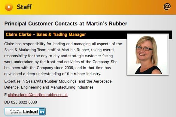 Contact page example - Claire Clarke at Martins Rubber