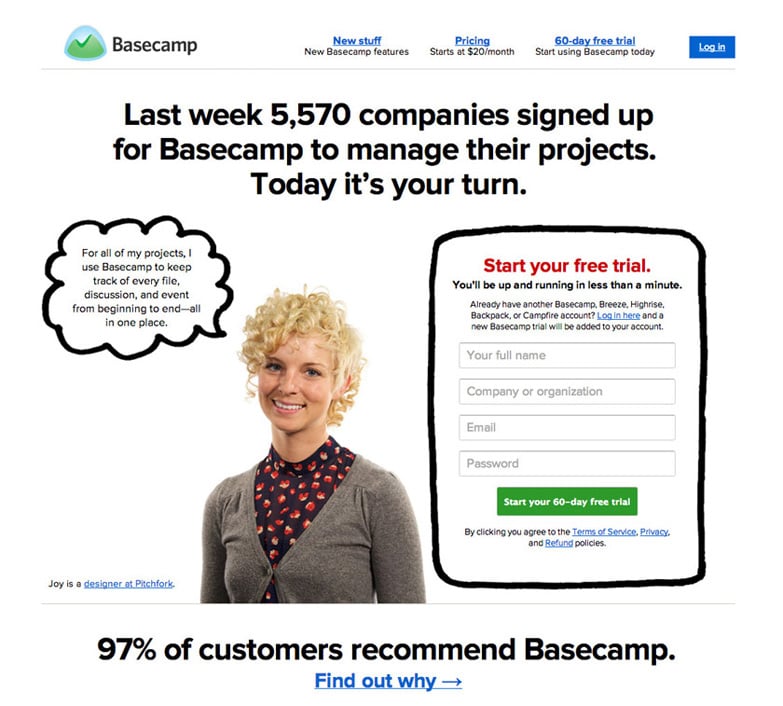 Basecamp landing page example