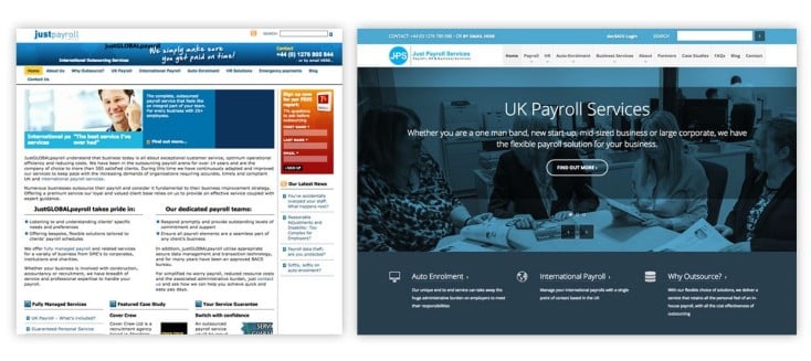 The old Just Payroll services on the left is a stark contrast to the new design on the right.