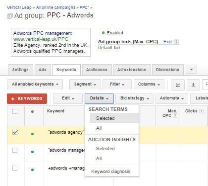 Ad group view in Google's AdWords