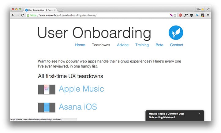 User onboarding web page