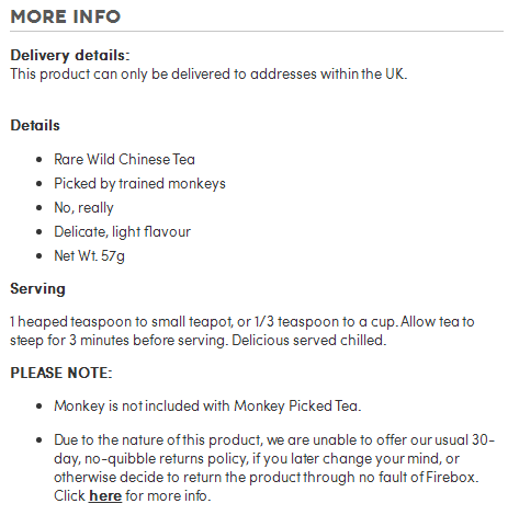 Here’s another example from Firebox’s Monkey Picked Tea. They even have serving instructions.