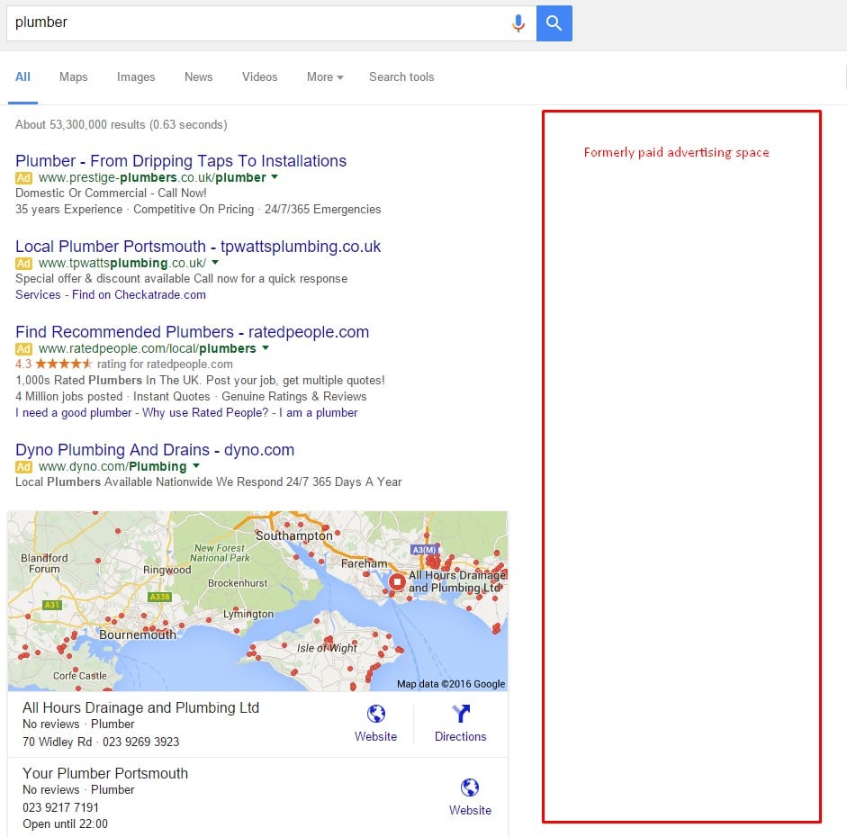 A Google screenshot showing where Google paid ads have been removed in Feb 2016