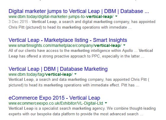 SERP result of Vertical Leap mentions