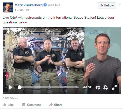 Mark Zuckerberg uses Facebook Live to interview the astronauts on the international space station