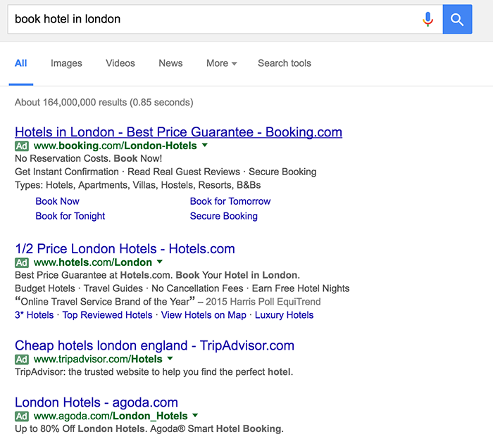 four-pack 'book hotel in London' PPC listing in Google