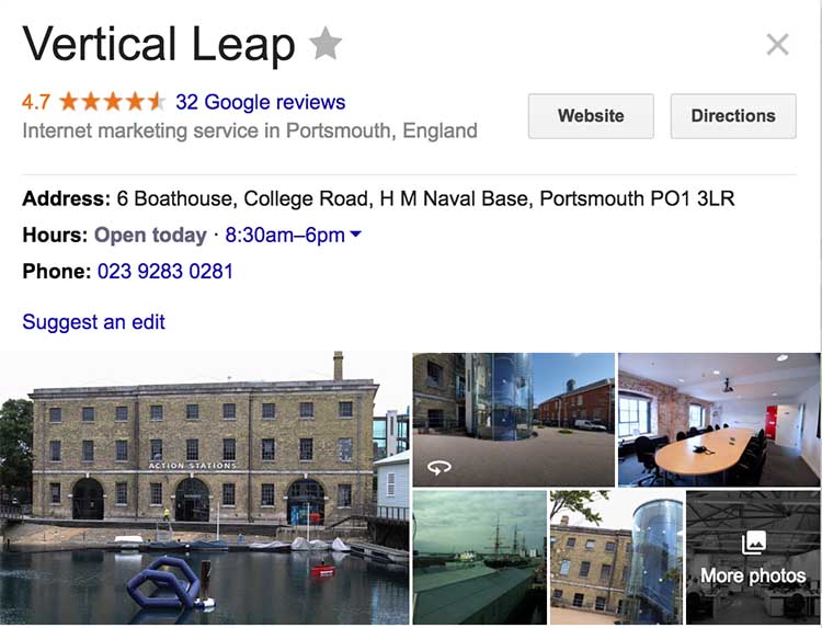 Vertical Leap's Portsmouth office has a Google Business Profile listing
