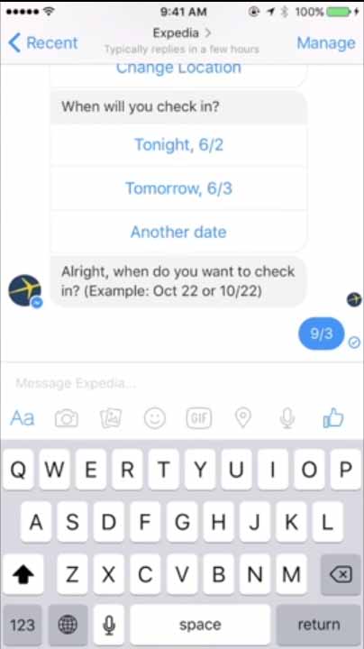 Expedia travel chatbot - conversational ui example