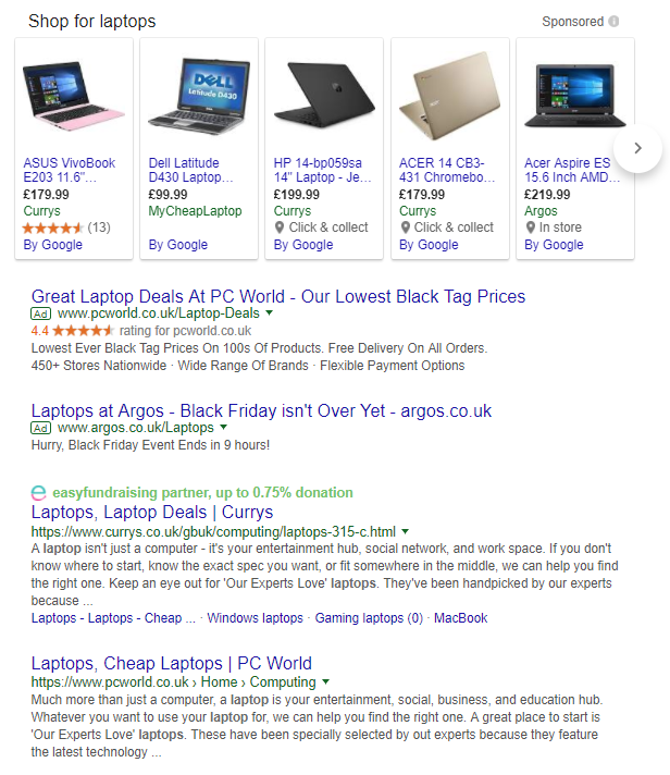Google Shopping ads for laptops