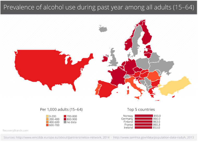 Map of alcohol use in USA and Europe