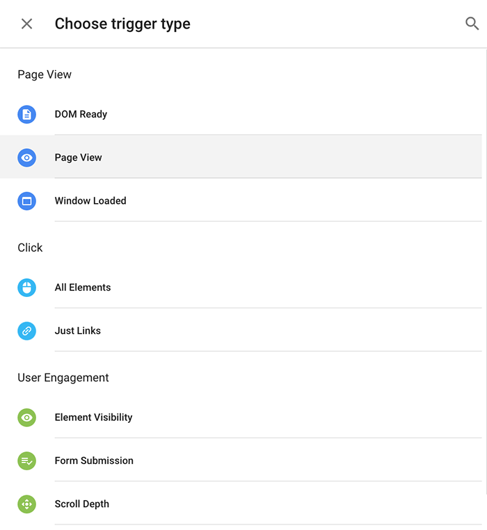 Choose trigger type in Google Tag Manager