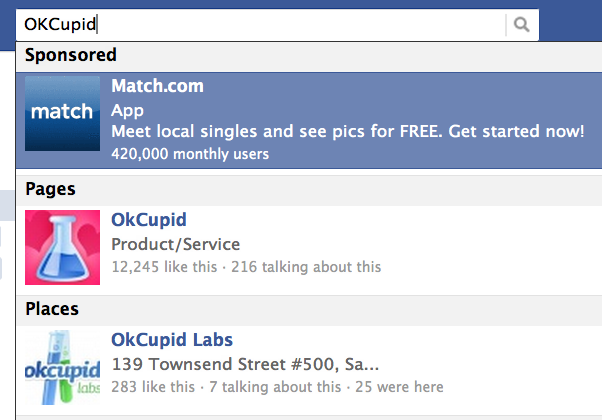 Testing OKcupid search ads on Facebook