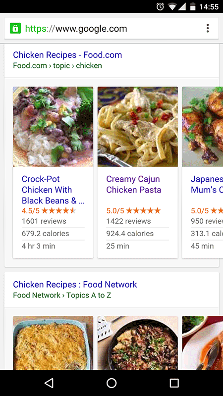 Chicken recipes shown in carousel using structured data
