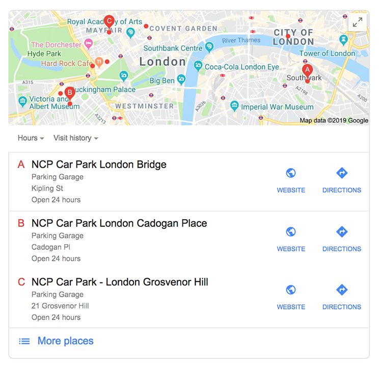 Local search results showing car parks in London
