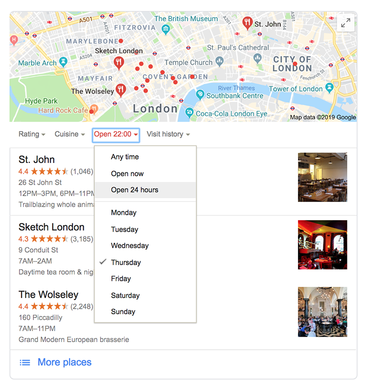Local search results showing London hotels