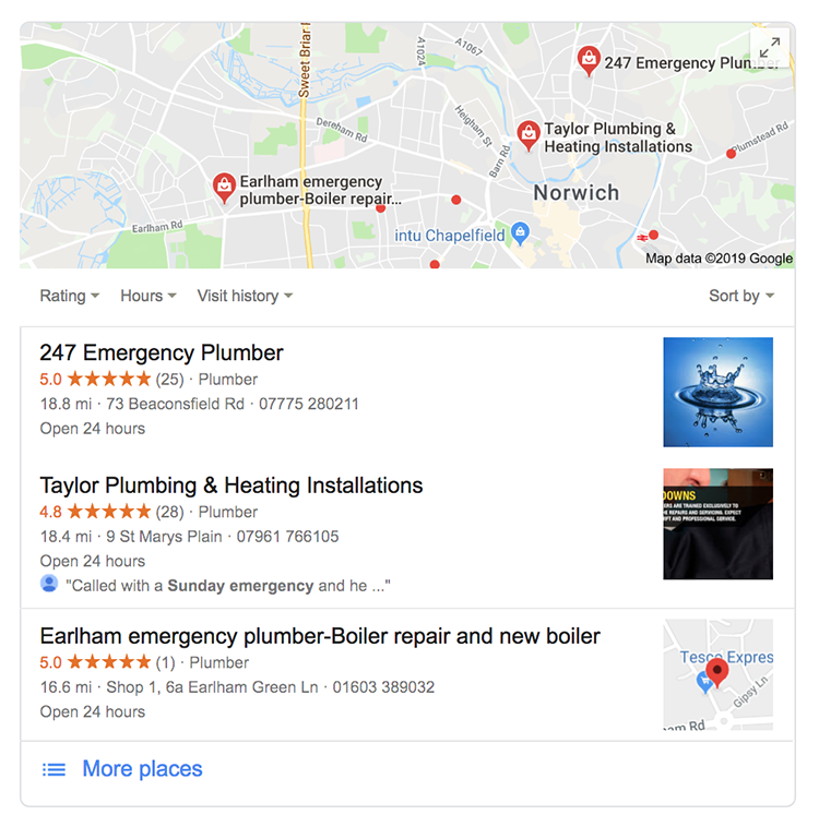 Local search results showing emergency plumbers
