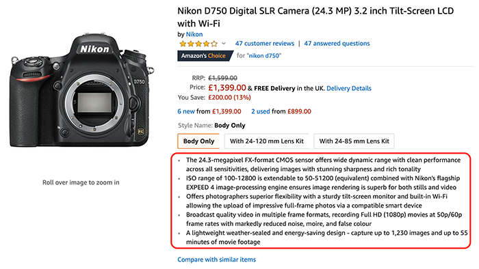 A camera for sale on Amazon with highlighted bullet points on the features of the camera