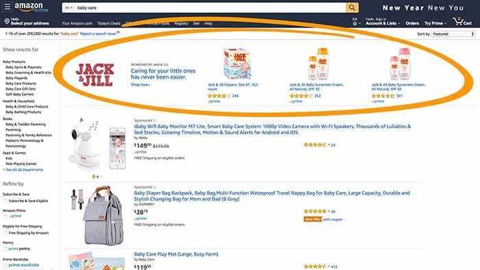 Jack & Jill sponsored banner at the top of an Amazon page