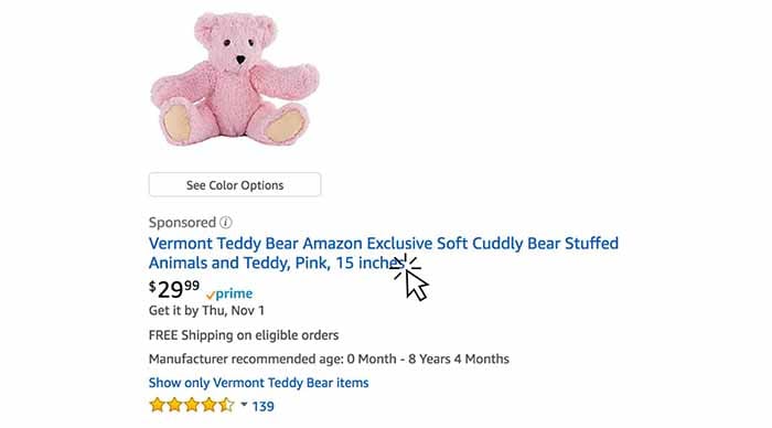 A sponsored link for a teddy bear on Amazon for $29.99