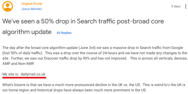 dailymail.co.uk asking for Google visibility drop help
