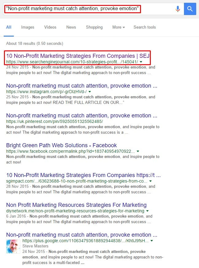 search results looking for duplicate content on Google