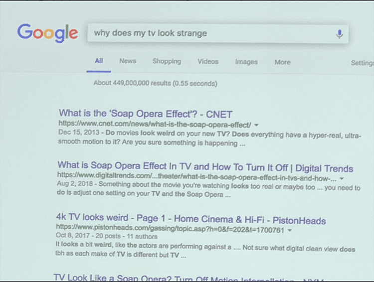 screen shot of someone searching for 'why does my tv look strange'
