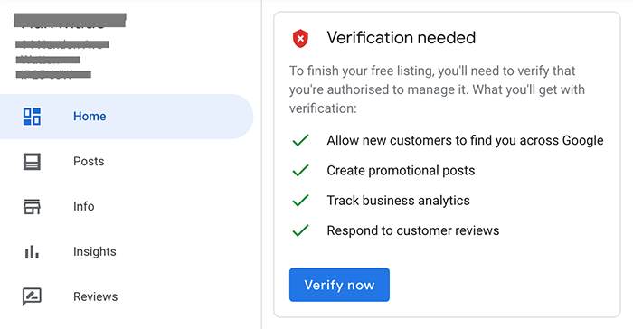 google my business verification screen