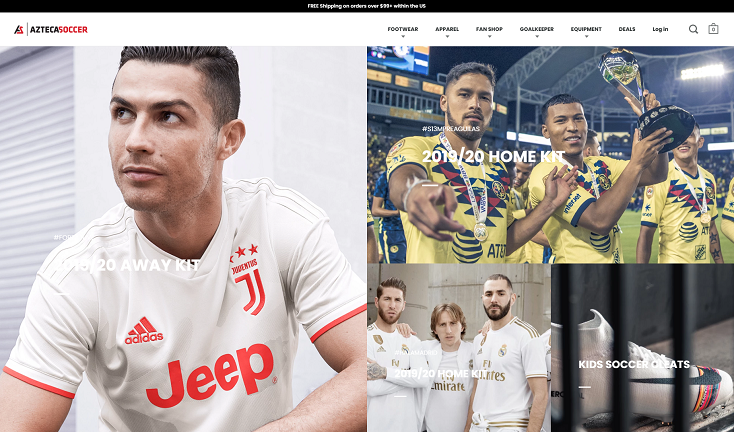 Azteca Soccer's e-commerce homepage showing menu with one-click navigation to the product pages