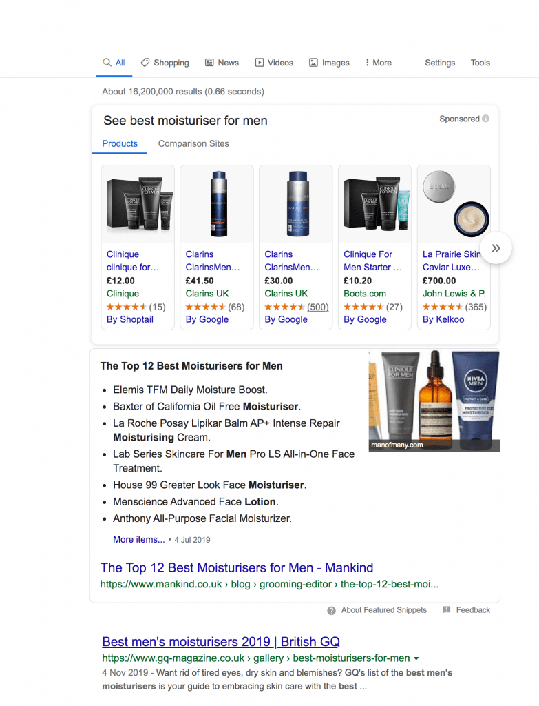 Ads and position 0 results in query best moisturiser for men
