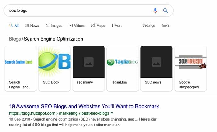 Google search for SEO blogs