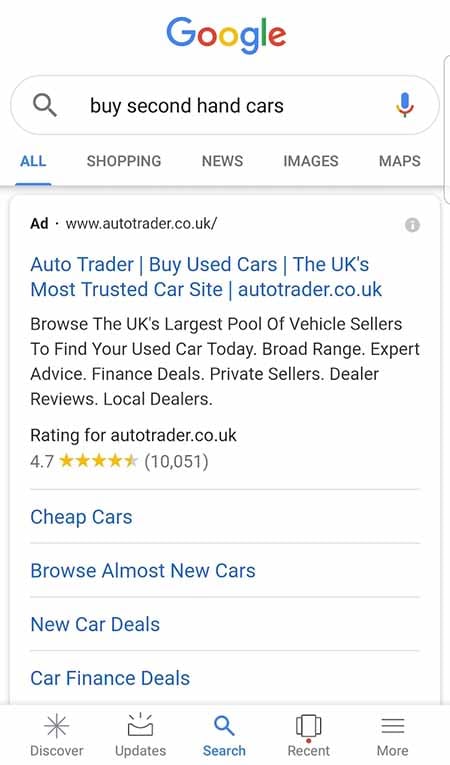 PPC mobile SERP example "buy second hnd cars"