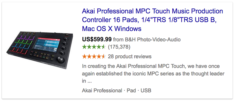 Google product ratings showing in advert for music production controller