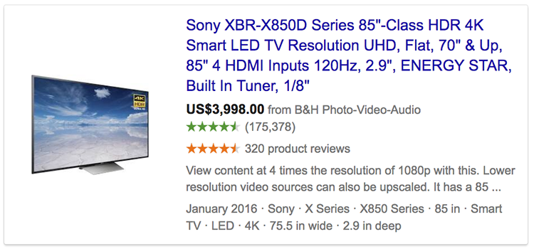Google product ratings showing in advert for Sony TV