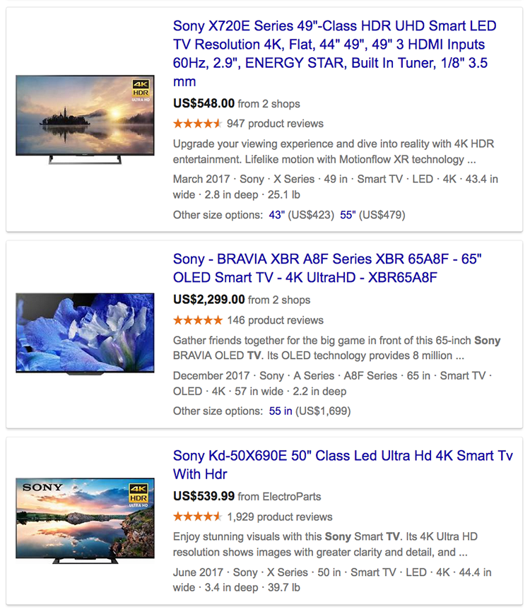 Google product ratings for Sony TVs