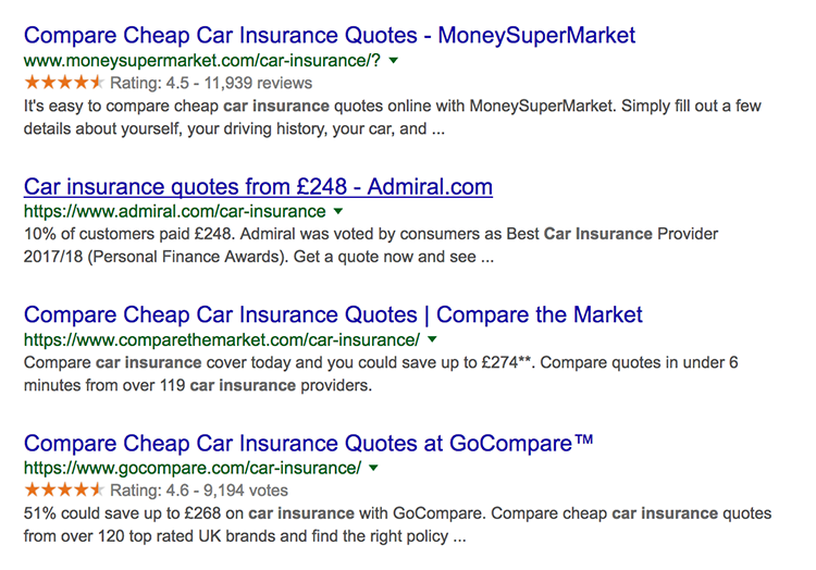 Google seller ratings showing in search results for car insurance