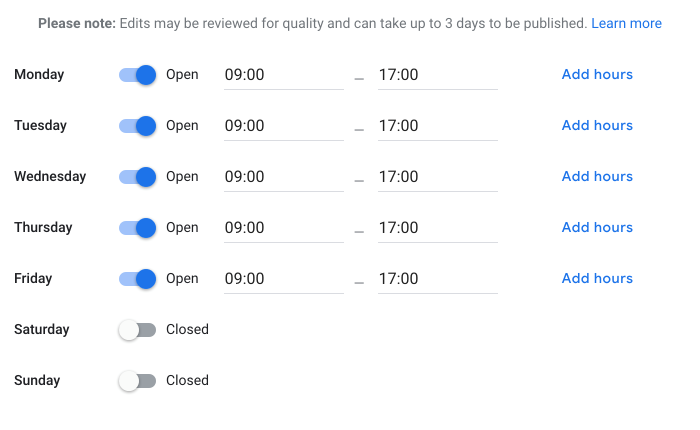 Google Business Profile editing opening hours
