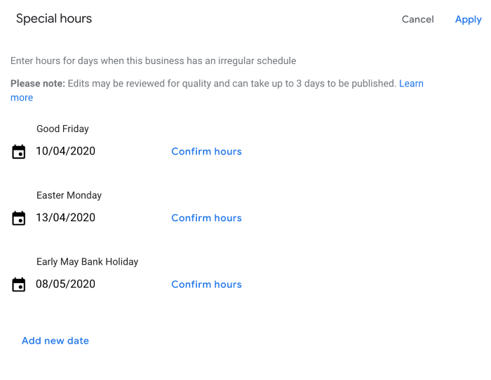 Google Business Profile adding special hours
