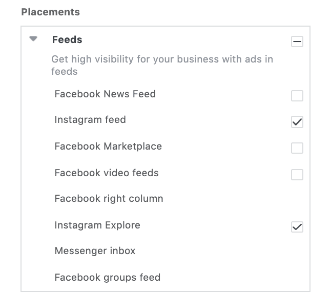 Selected placements options in Instagram