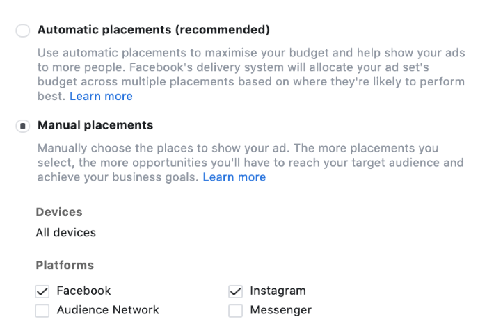 Placement options in Instagram - automatic and manual placements