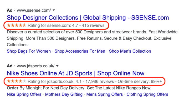 Example of how seller ratings appear in the search results