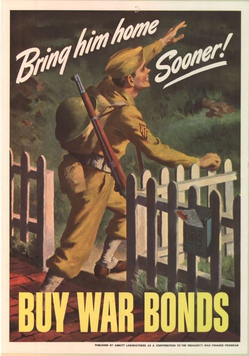 Old war time poster with 'buy war bonds' CTA at the bottom