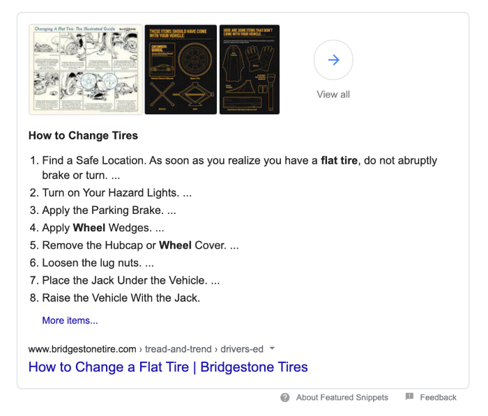 Featured snippet showing how to change tires