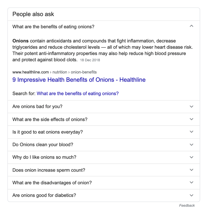 Example of the 'people also ask' section in google results