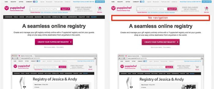 Before and after screenshots of landing page where the navigation has been removed 