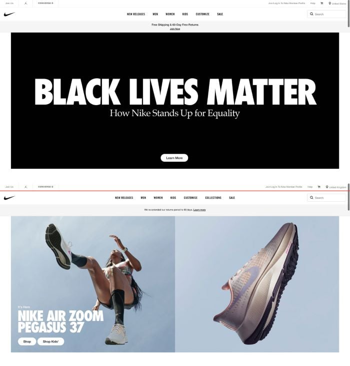 Example from Nike how their homepage in the UK differs from the US during the black lives matter campaign