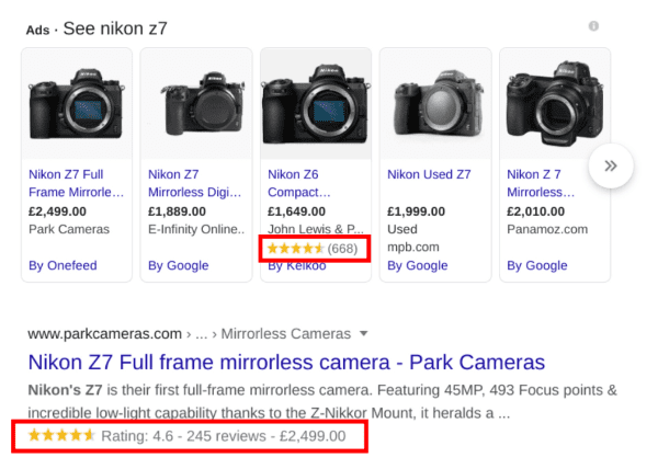 Cameras in Google search results showing customer reviews