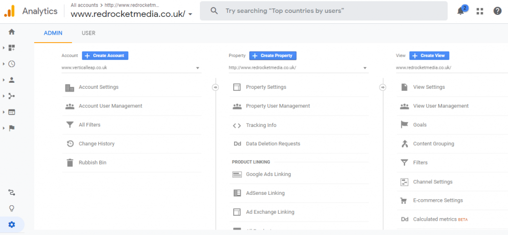 The Google Analytics admin settings screen