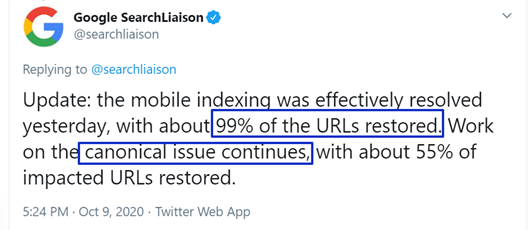 Google tweets about indexing issues