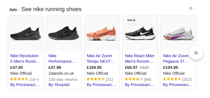 Nike running shoes displayed in Google Shopping 