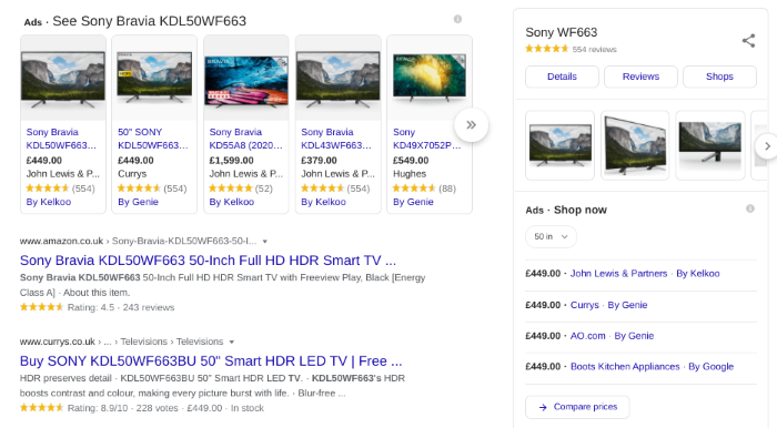 TVs displaying in Google Shopping